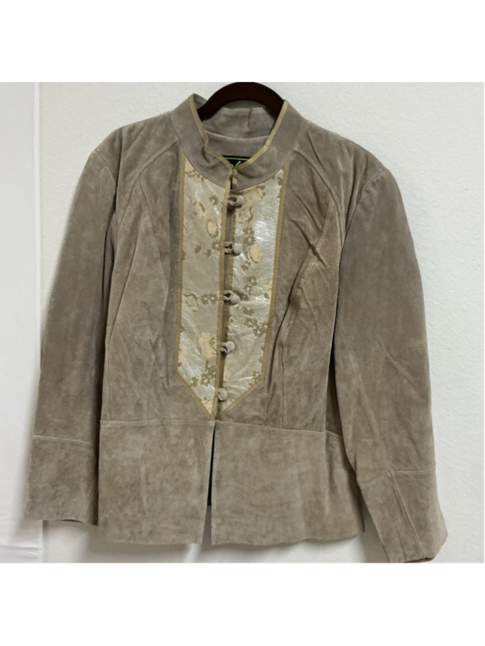 Sharif Studio Suede Leather Jacket 1X Womens Vintage Tan Floral Brocade Blazer.